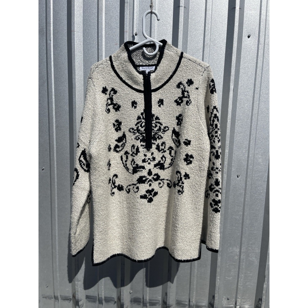 Northstyle Stencil Pattern Nordic Cream‎ Black Turtle Neck 1/2 Zip Sweater Large